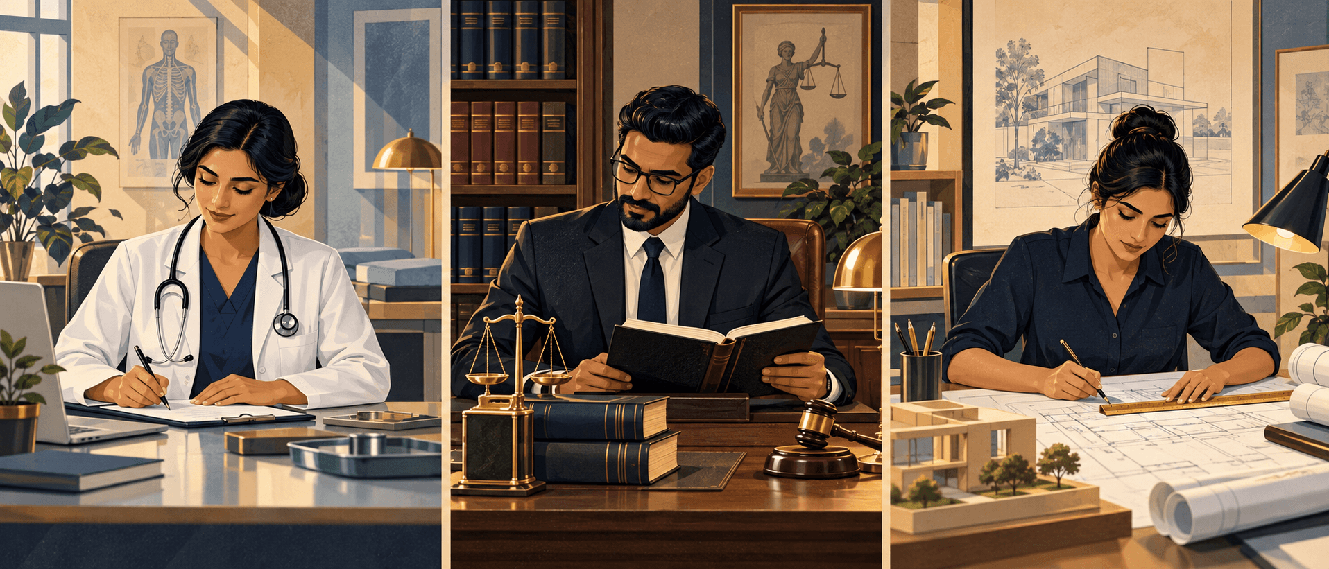 Regulated professionals — a doctor, a lawyer and an architect — at their consulting desks