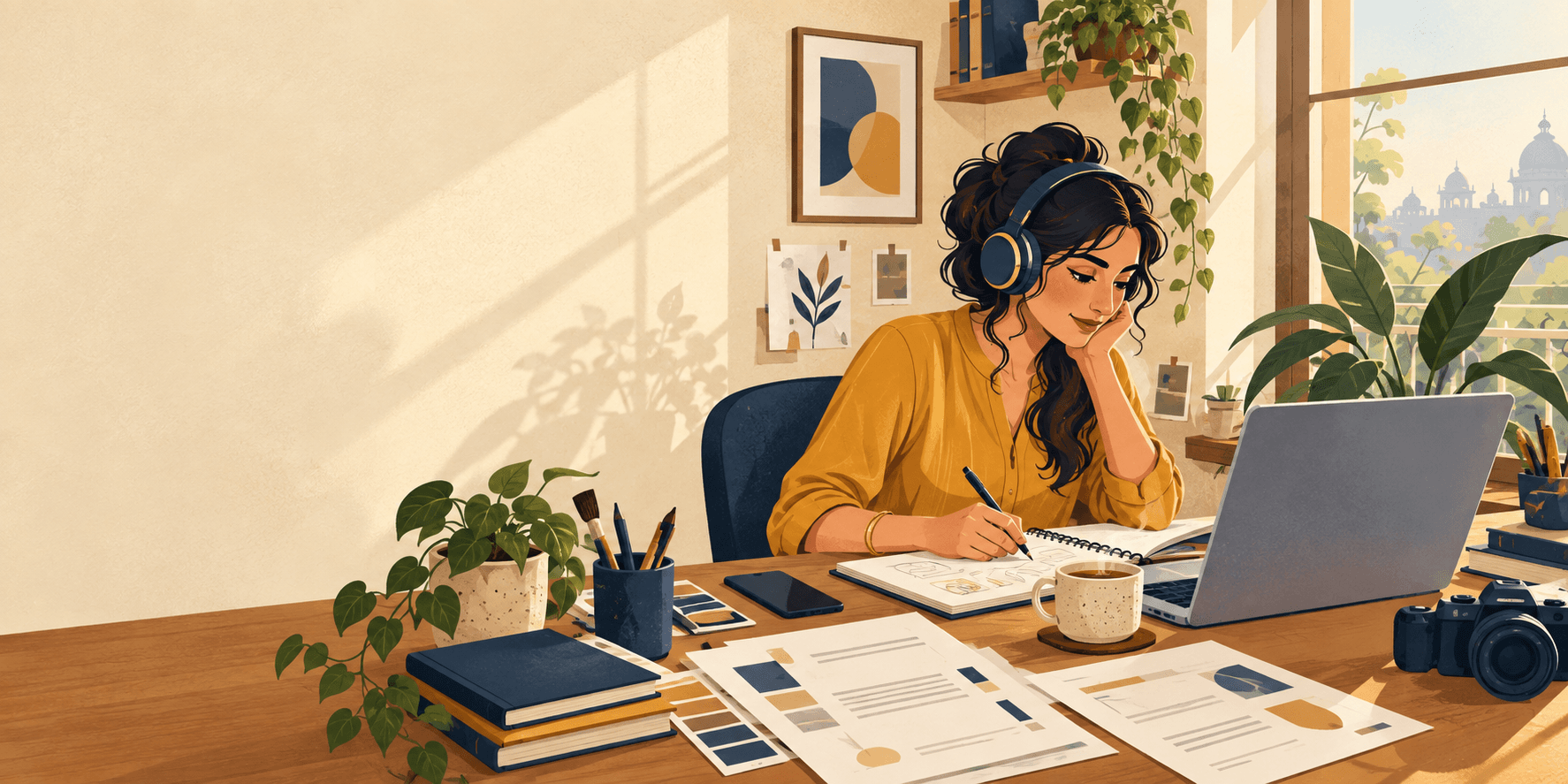 A freelancer working from a home studio with invoices and a laptop