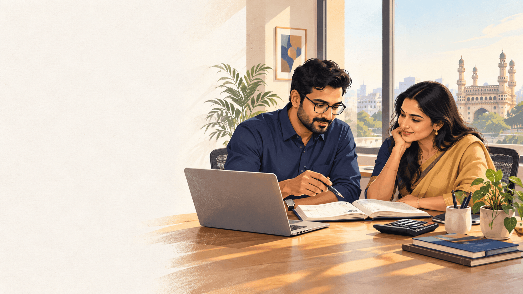 An Indian business owner and financial advisor reviewing a ledger together in a bright Hyderabad office