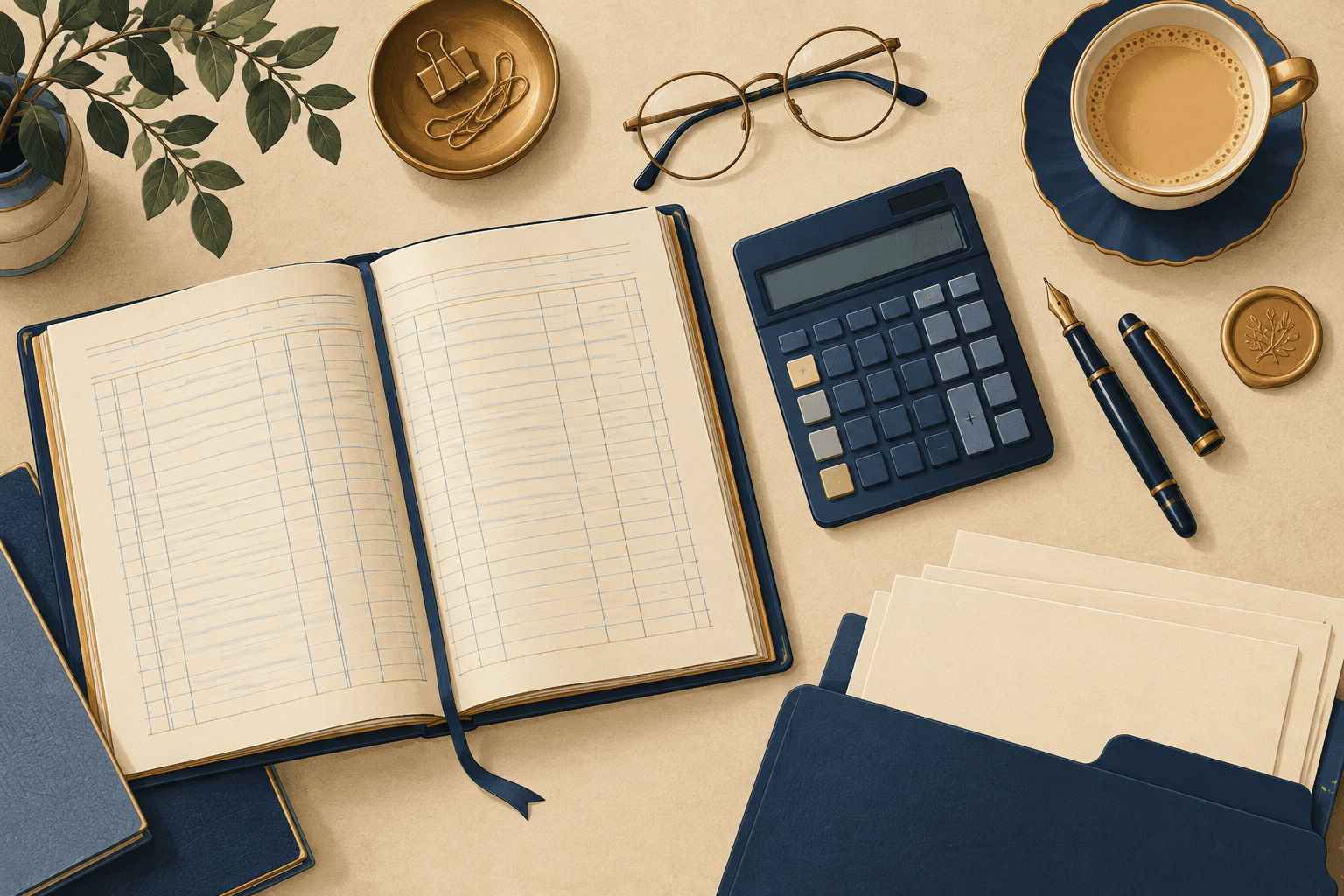 An overhead flatlay of a consultancy workspace — ledger, calculator and documents
