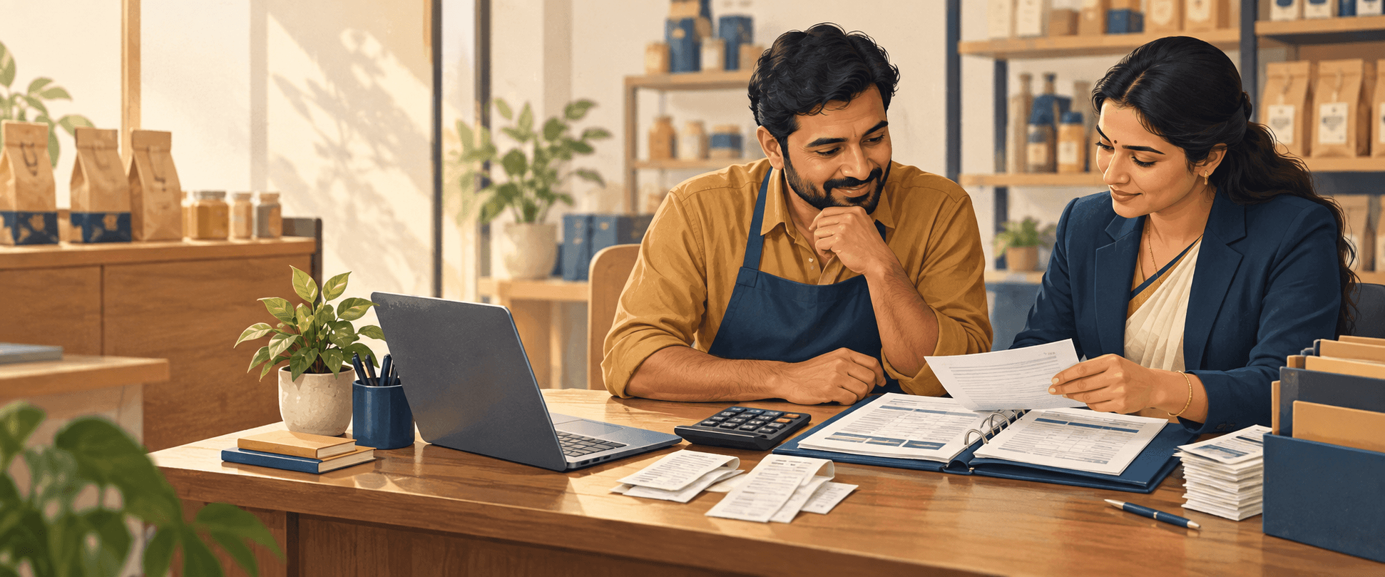 GST Registration & Filings: A small-business owner and advisor reviewing GST receipts, a reconciliation ledger and calculator