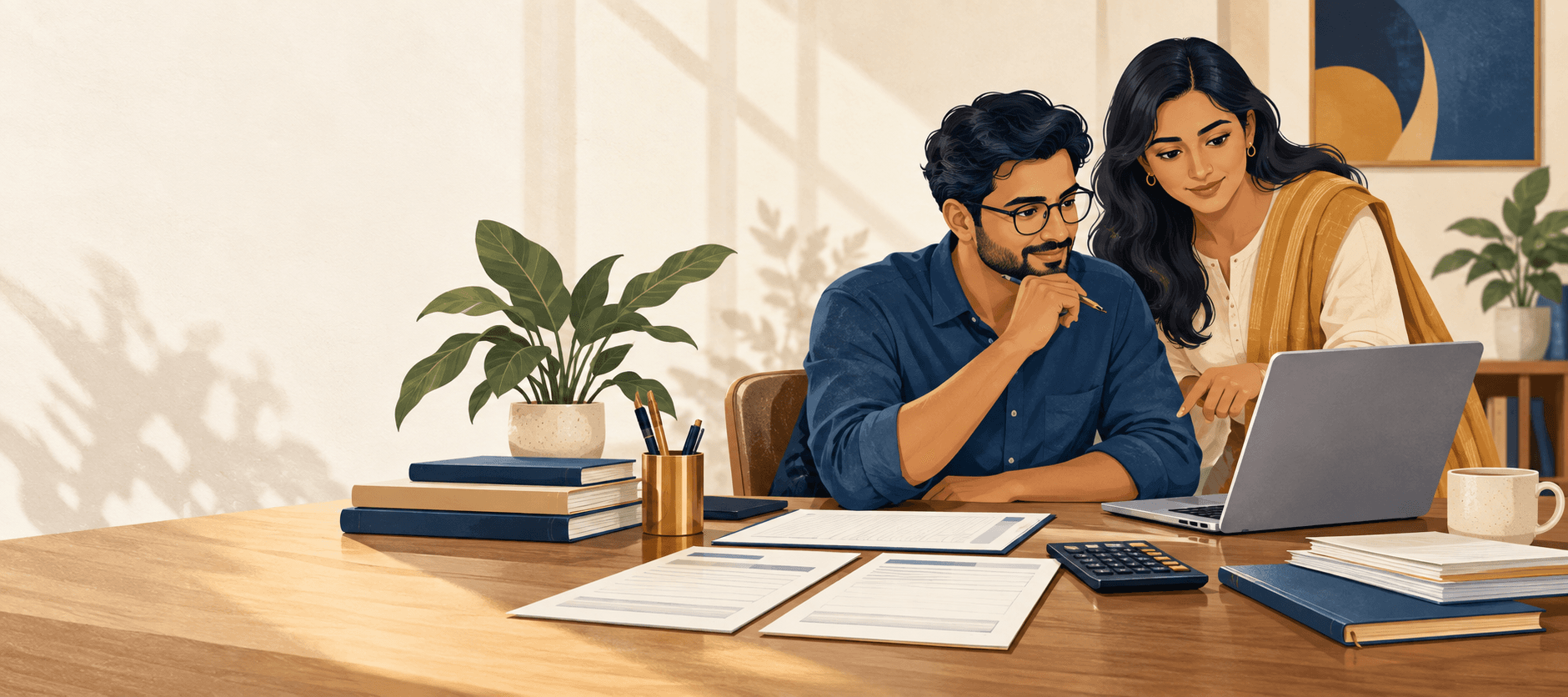 Income Tax Return (ITR) Filing: A professional and advisor reviewing income-tax documents, a laptop and calculator together
